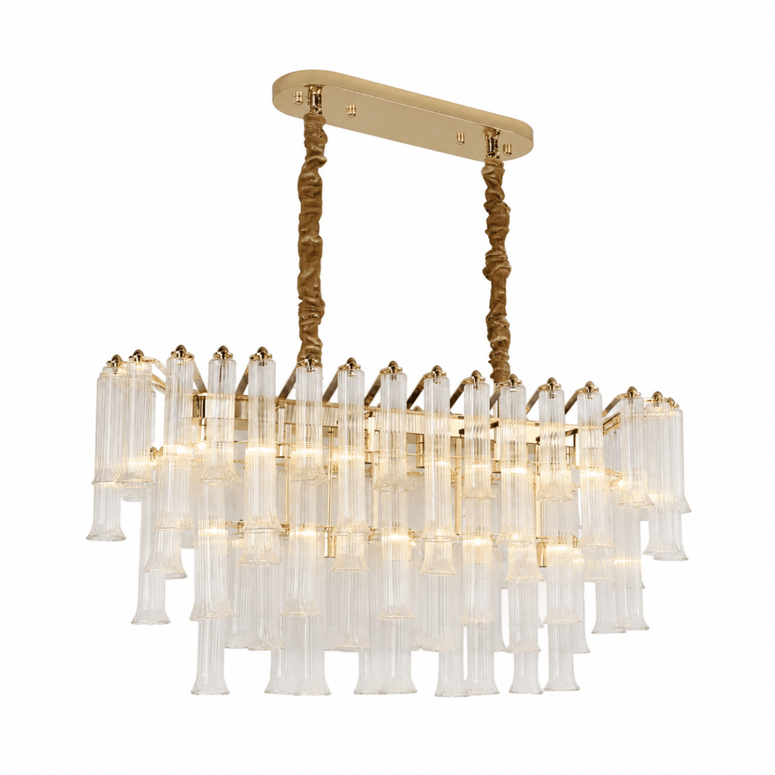 Linear glass chandelier over a dining table