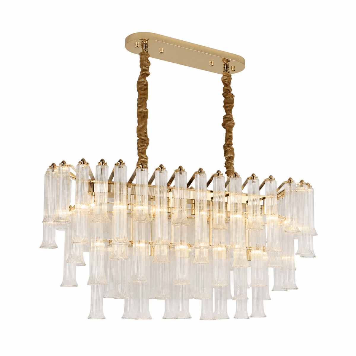Linear glass chandelier over a dining table